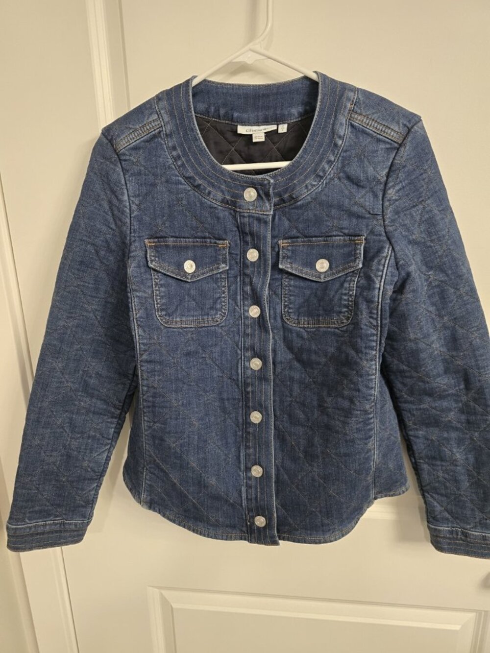 Chico’s Denim Jacket Womens Size 0 (Small) Quilted Jean Jacket Button Front Blue
